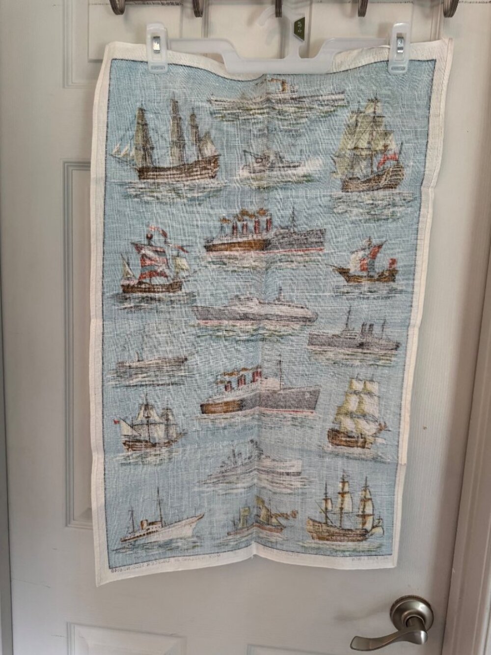 Story Of Ships Vintage Linen Tea Towel Ulster Ireland 30x19 Blue Nautical Theme - Picture 6 of 14